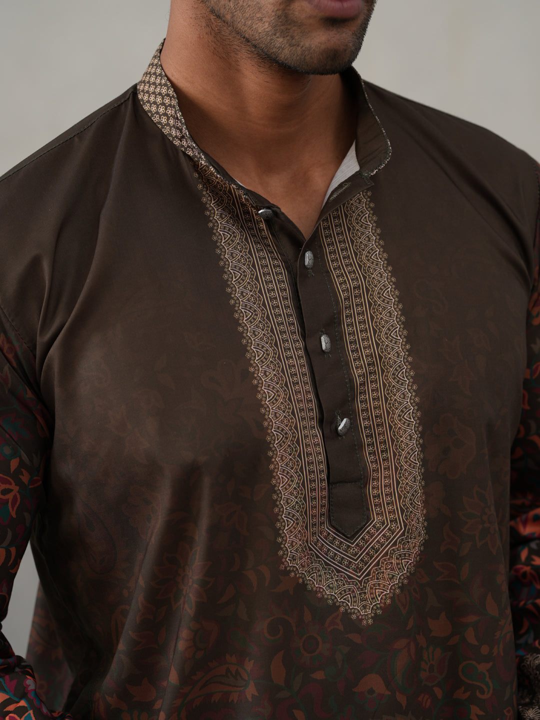 Olive Floral Printed Kurta Pyjama for Men ( JOKP P 5303 P 5303Olive ) [FF] [J-2]