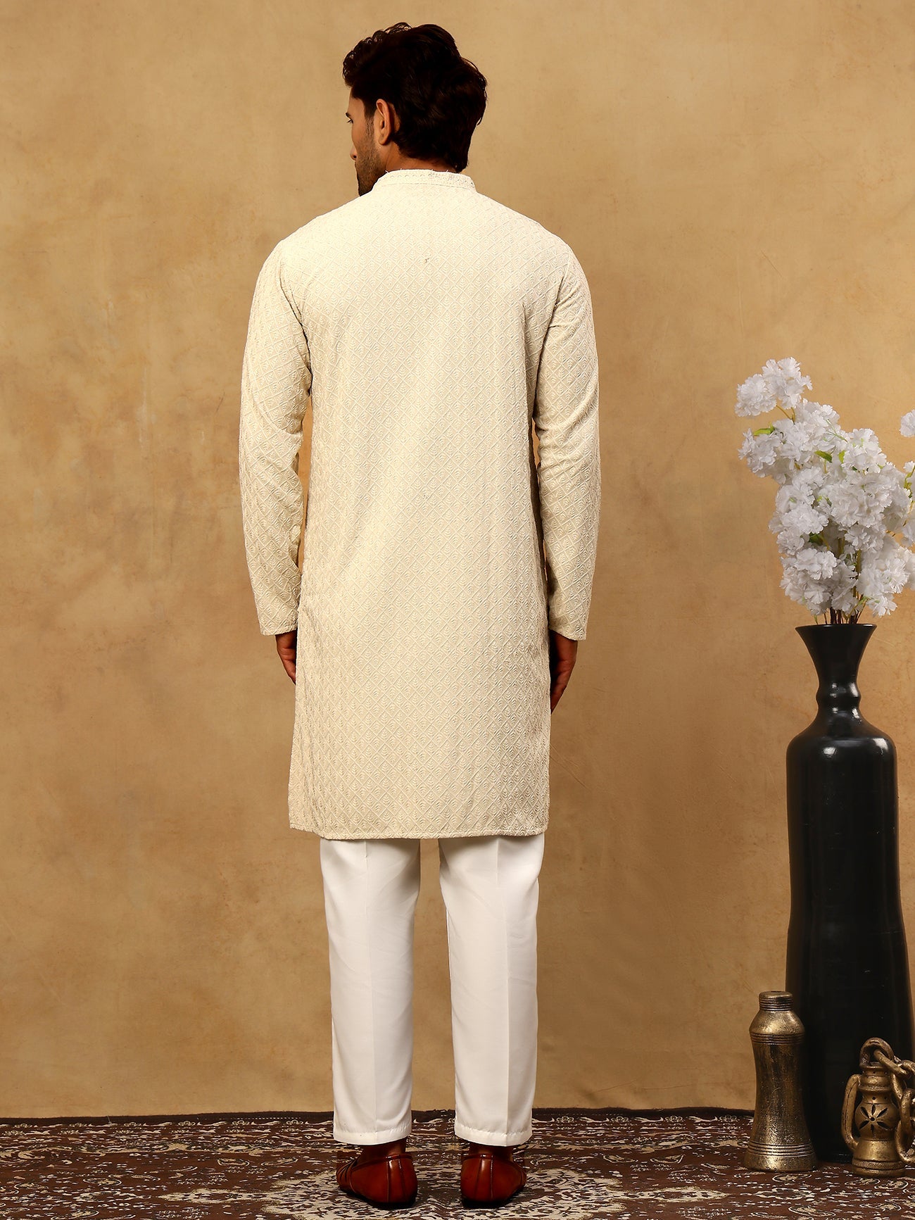 Men Embroidered Viscose Rayon Kurta with Pyjama ( JOKP P 5305Beige )