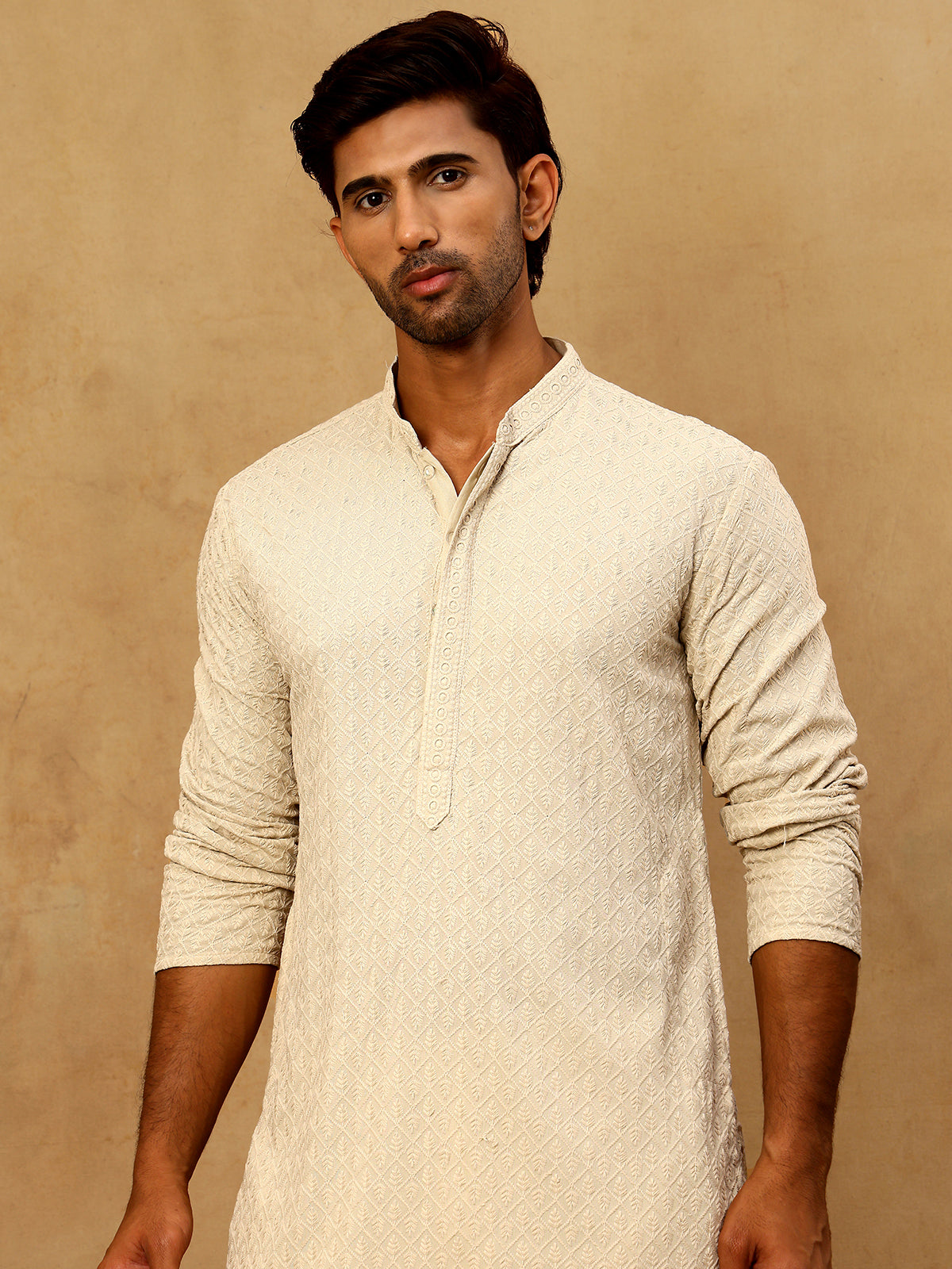 Men Embroidered Viscose Rayon Kurta with Pyjama ( JOKP P 5305Beige )