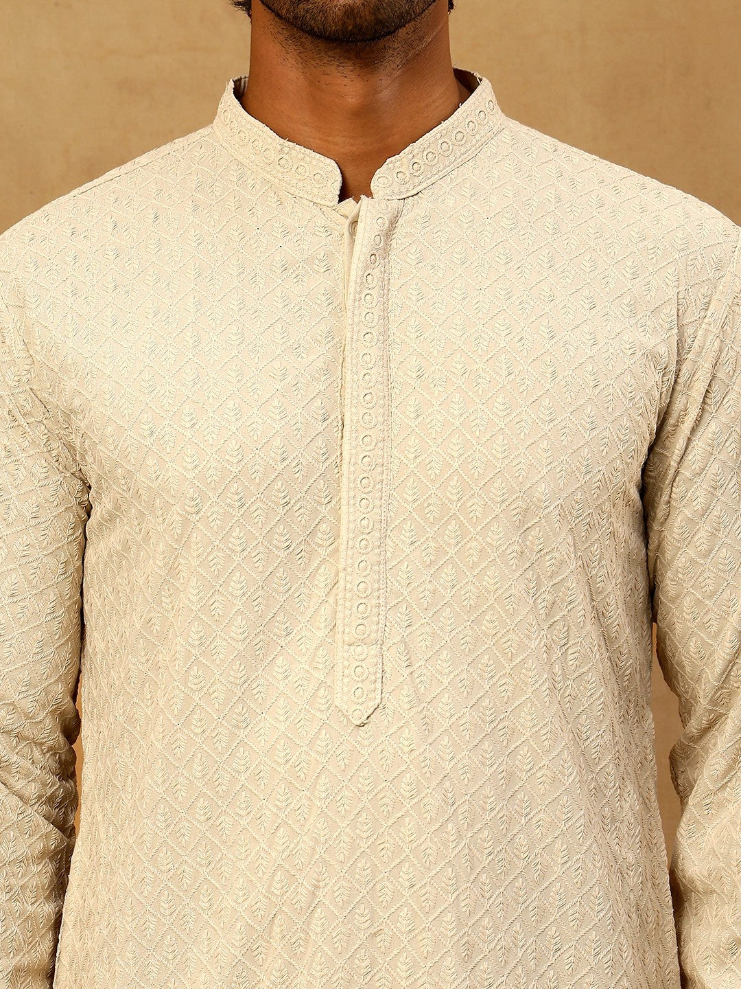 Men Embroidered Viscose Rayon Kurta with Pyjama ( JOKP P 5305Beige )