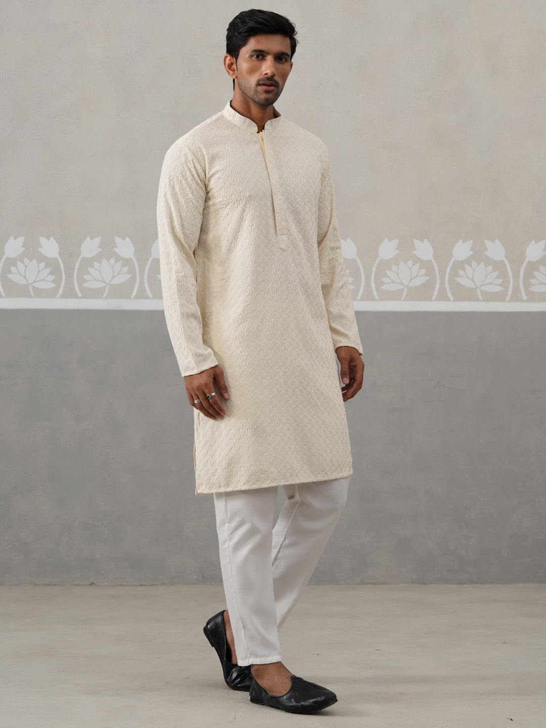 Men Embroidered Viscose Rayon Kurta with Pyjama ( JOKP P 5305 P 5305Cream ) [FF] [E-7-8]