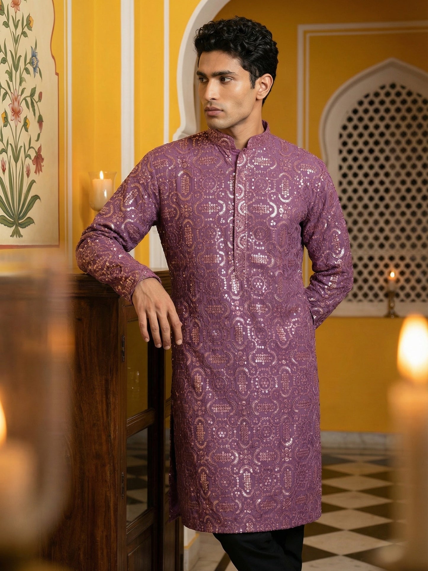 Silk Blend Designer Embroidered Kurta Pyjama ( JOKP B-P 5306Purple S )