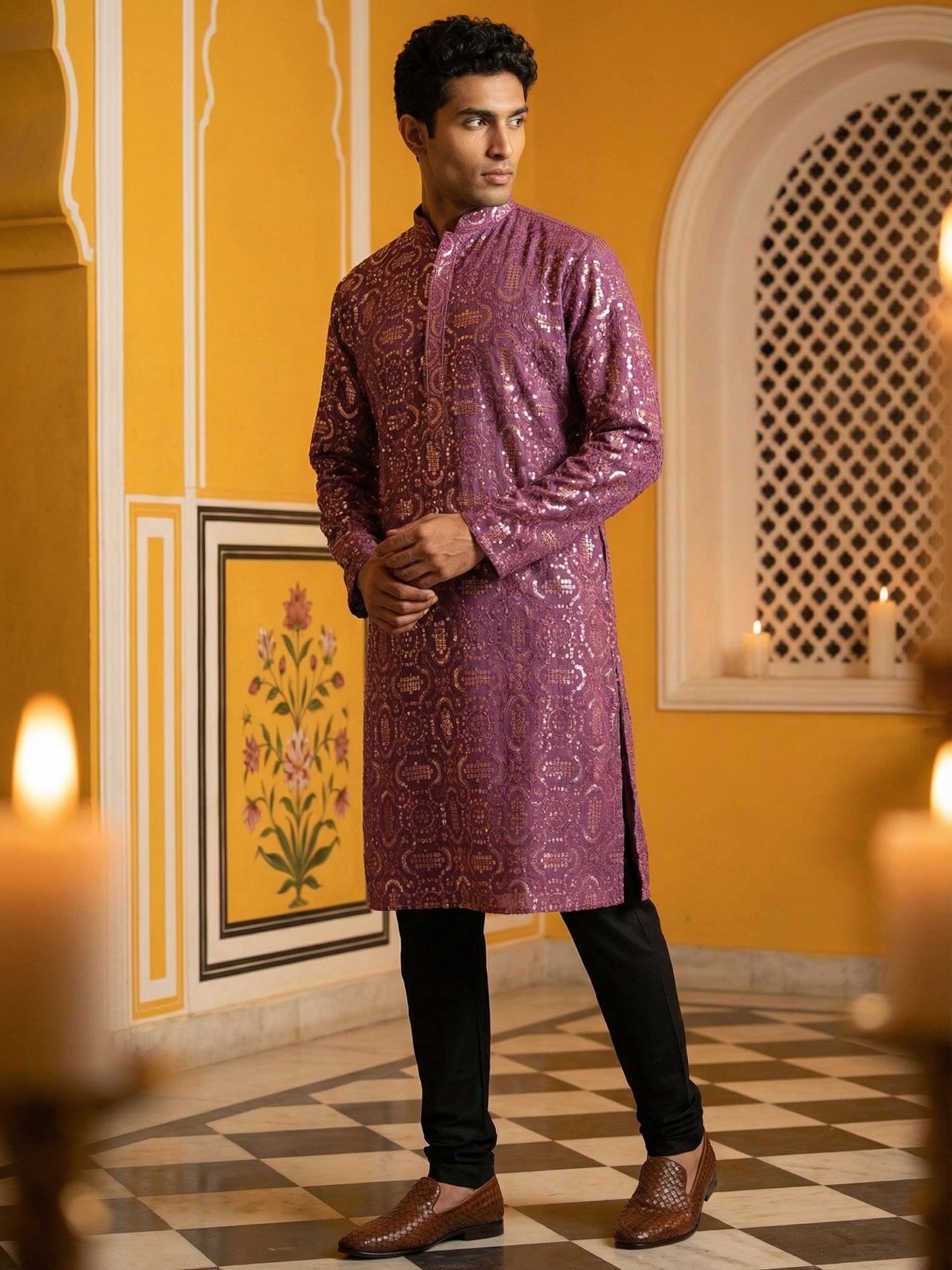 Silk Blend Designer Embroidered Kurta Pyjama ( JOKP B-P 5306Purple S )