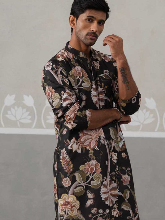 Men's Floral Printed Cotton Straight Kurta Pyjama Set (JOKP P 5307 Black ) [FF] [J-1]