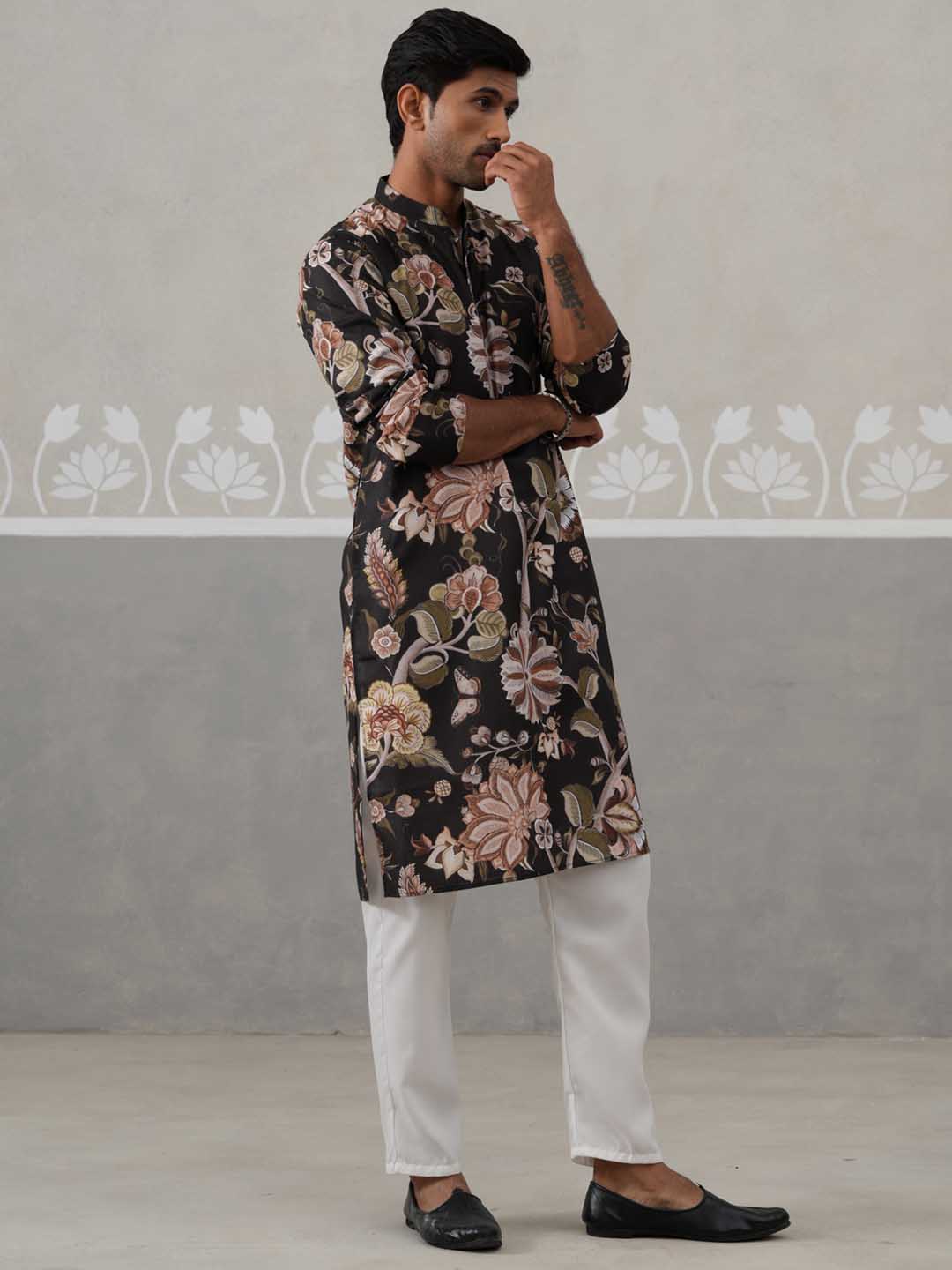 Men's Floral Printed Cotton Straight Kurta Pyjama Set (JOKP P 5307 Black ) [FF] [J-1]