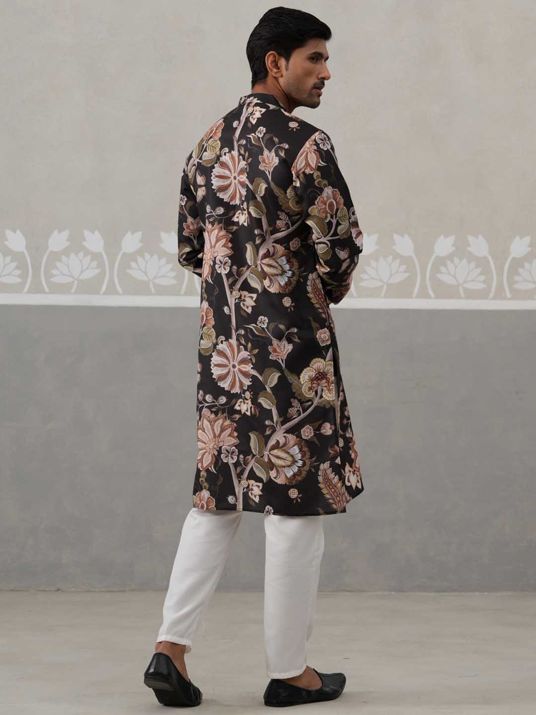 Men's Floral Printed Cotton Straight Kurta Pyjama Set (JOKP P 5307 Black ) [FF] [J-1]