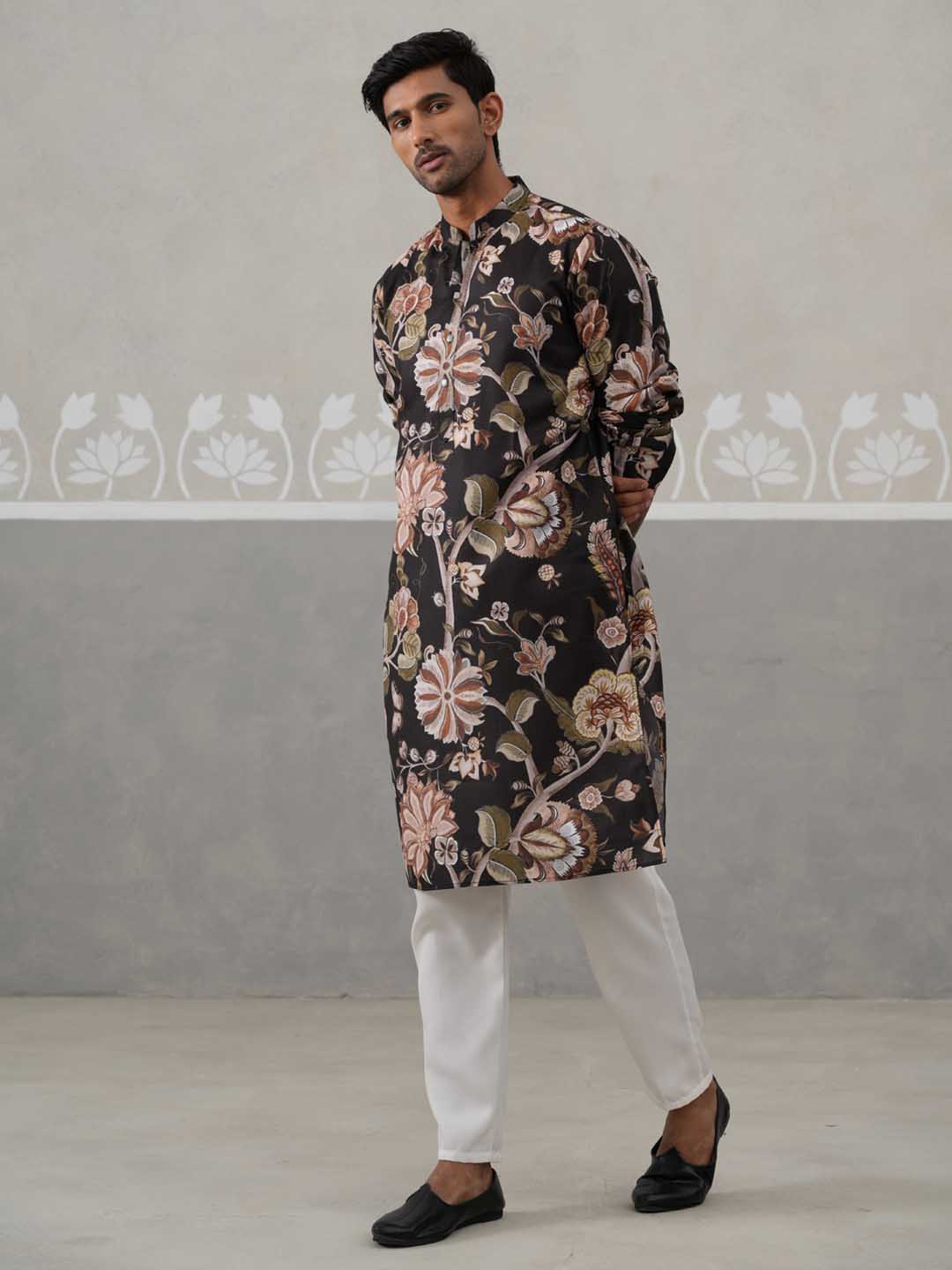 Men's Floral Printed Cotton Straight Kurta Pyjama Set (JOKP P 5307 Black ) [FF] [J-1]
