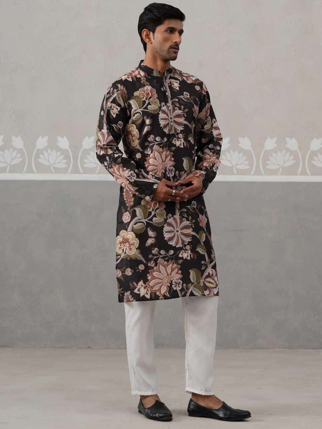 Men's Floral Printed Cotton Straight Kurta Pyjama Set (JOKP P 5307 Black ) [FF] [J-1]