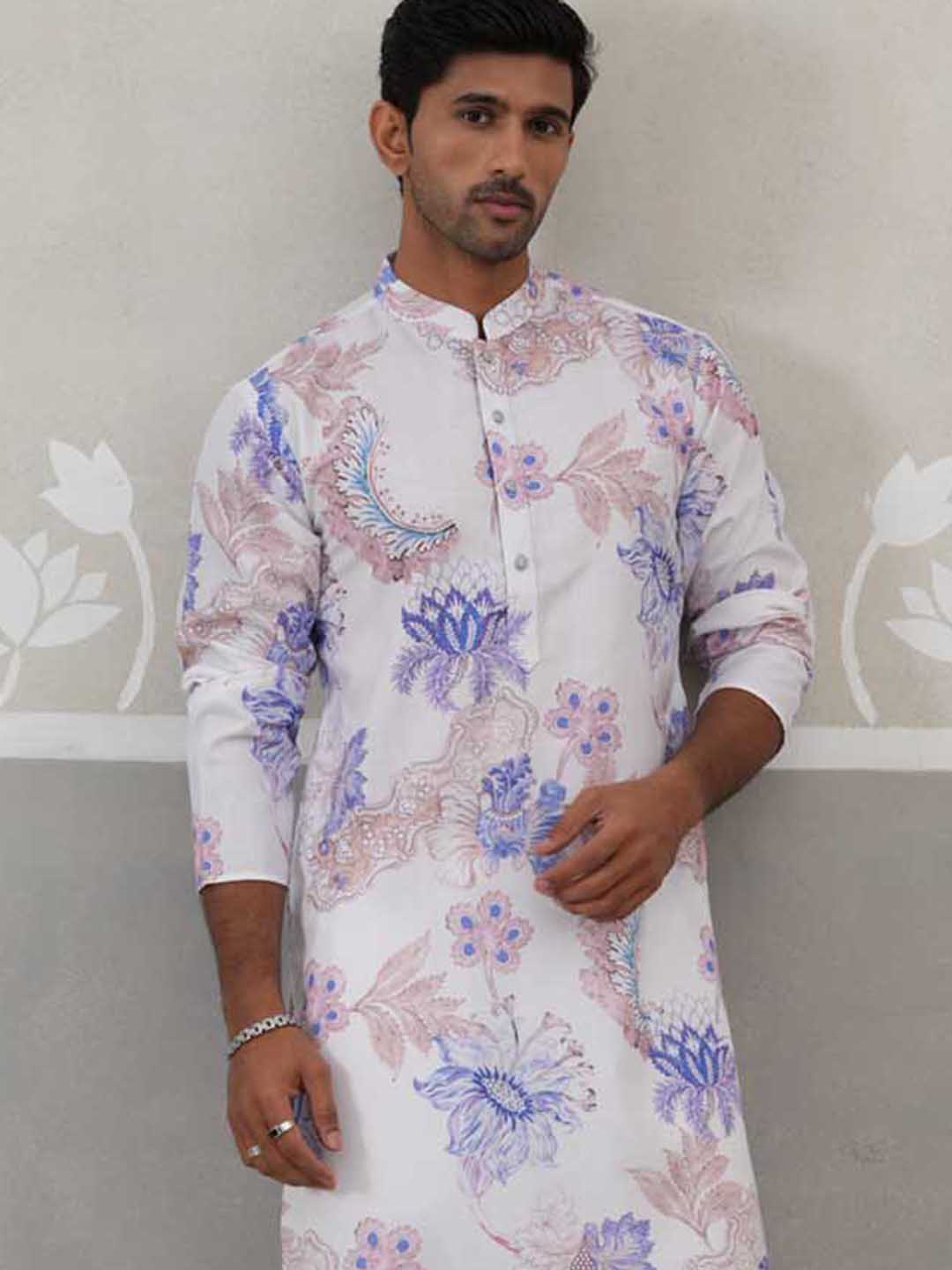 Men's Floral Printed Cotton Straight Kurta Pyjama Set (JOKP P 5307 Blue ) [FF] [J-1]