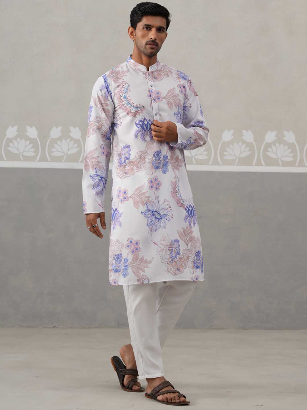 Men's Floral Printed Cotton Straight Kurta Pyjama Set (JOKP P 5307 Blue ) [FF] [J-1]