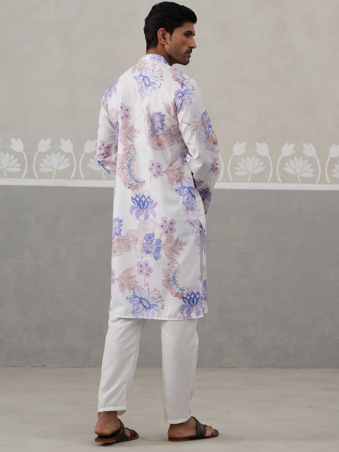 Men's Floral Printed Cotton Straight Kurta Pyjama Set (JOKP P 5307 Blue ) [FF] [J-1]