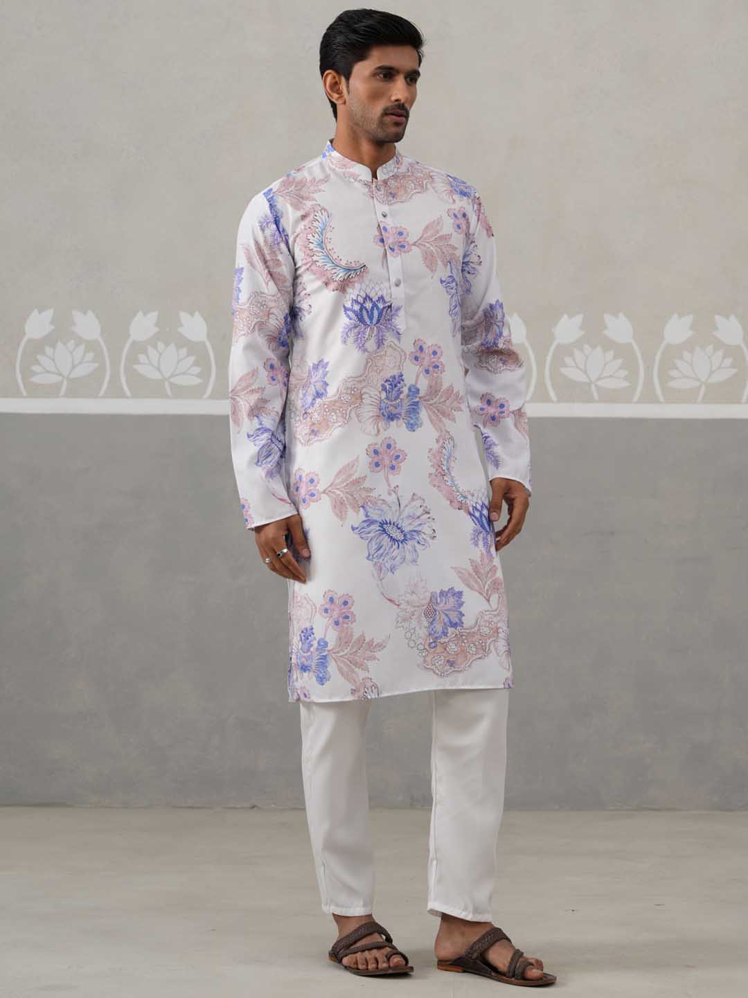 Men's Floral Printed Cotton Straight Kurta Pyjama Set (JOKP P 5307 Blue ) [FF] [J-1]