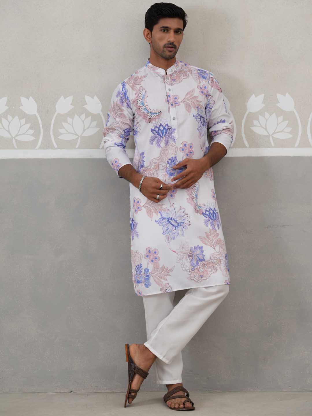 Men's Floral Printed Cotton Straight Kurta Pyjama Set (JOKP P 5307 Blue ) [FF] [J-1]