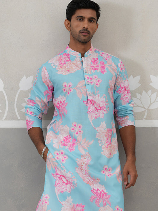 Men's Floral Printed Cotton Straight Kurta Pyjama Set ( JOKP P 5307 P 5307Sky ) [FF] [J-1]