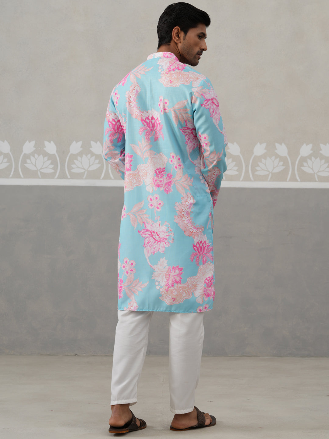 Men's Floral Printed Cotton Straight Kurta Pyjama Set ( JOKP P 5307 P 5307Sky ) [FF] [J-1]