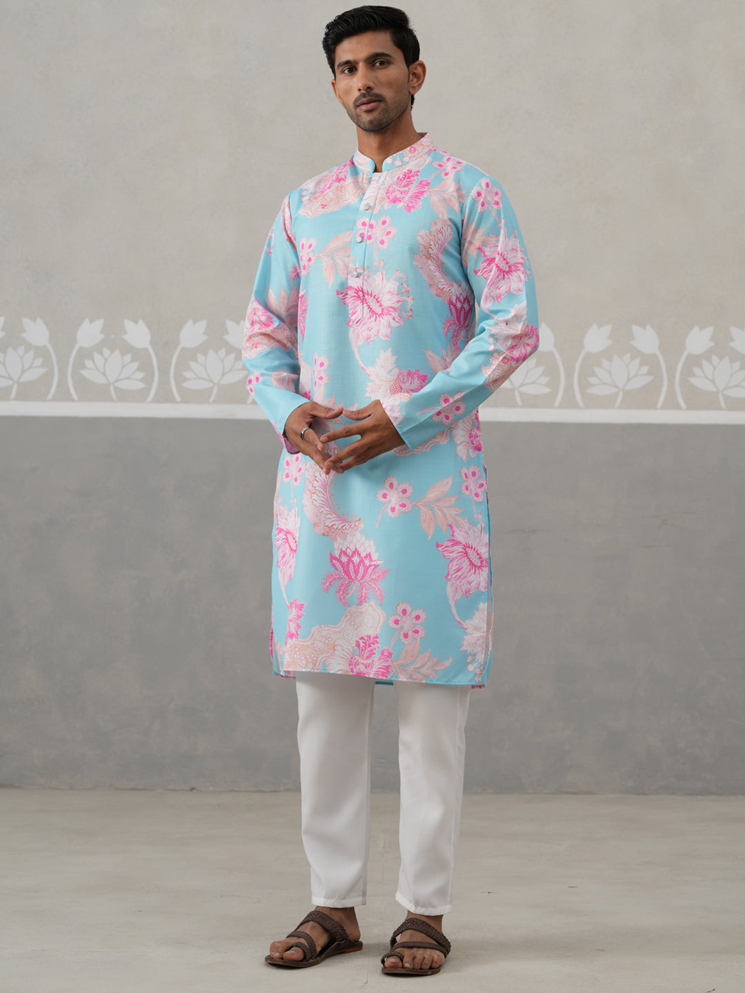 Men's Floral Printed Cotton Straight Kurta Pyjama Set ( JOKP P 5307 P 5307Sky ) [FF] [J-1]