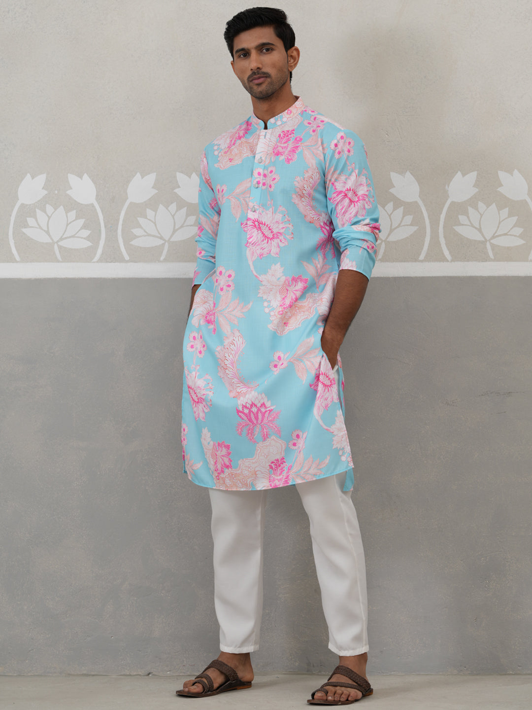 Men's Floral Printed Cotton Straight Kurta Pyjama Set ( JOKP P 5307 P 5307Sky ) [FF] [J-1]