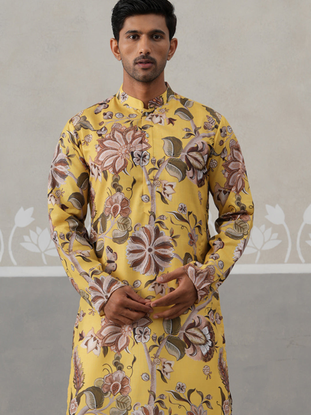 Men's Floral Printed Cotton Straight Kurta Pyjama Set (JOKP P 5307 Yellow ) [FF] [J-1]