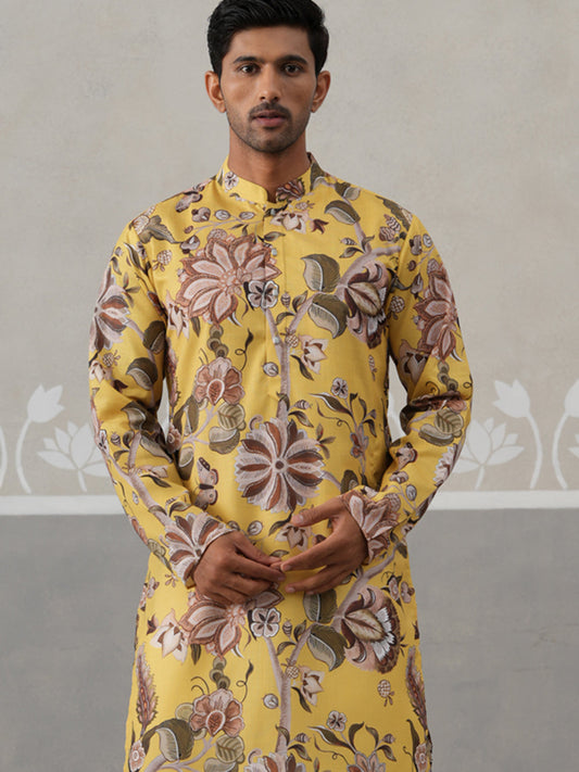 Men's Floral Printed Cotton Straight Kurta Pyjama Set (JOKP P 5307 Yellow ) [FF] [J-1]