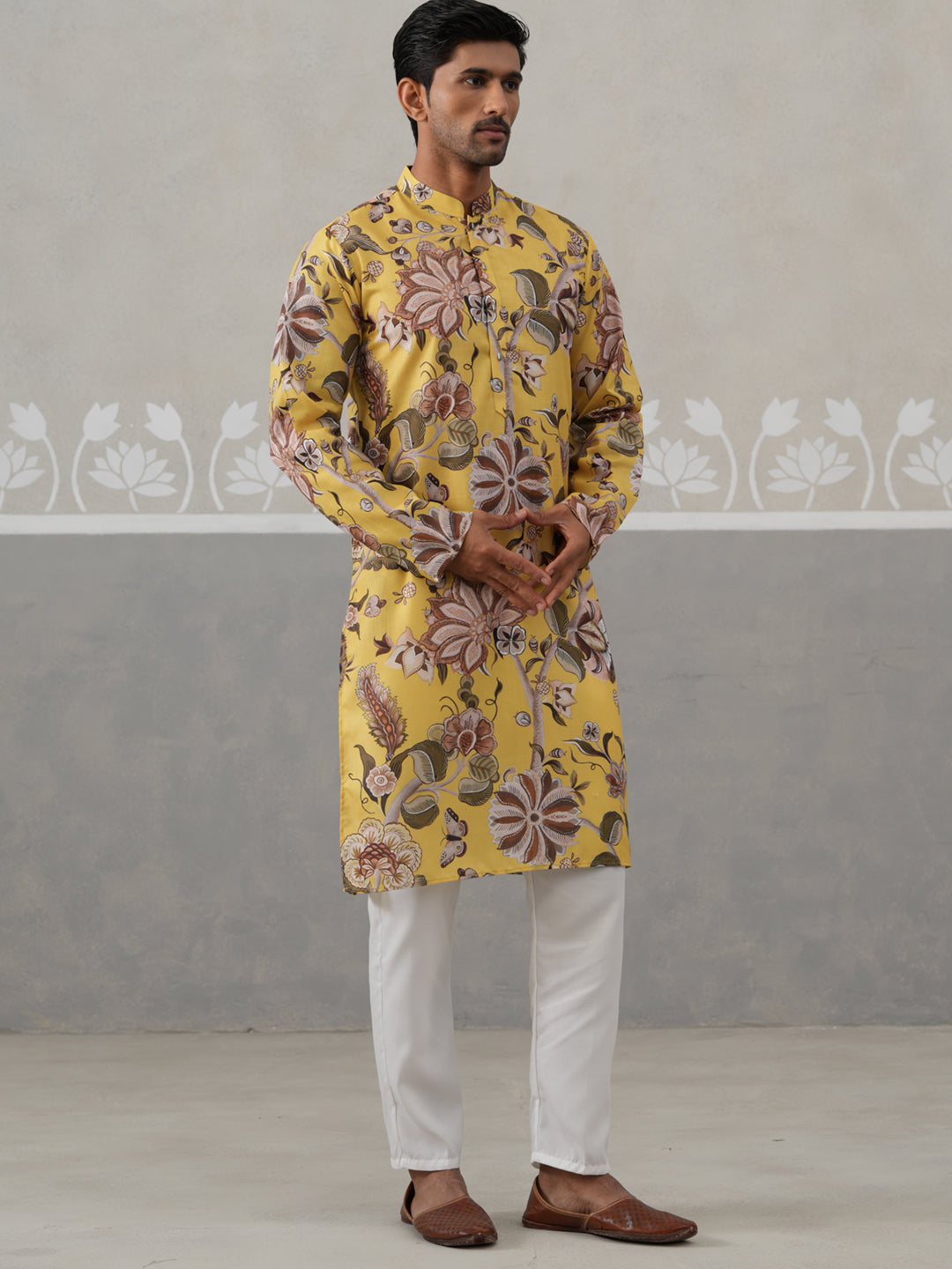 Men's Floral Printed Cotton Straight Kurta Pyjama Set (JOKP P 5307 Yellow ) [FF] [J-1]