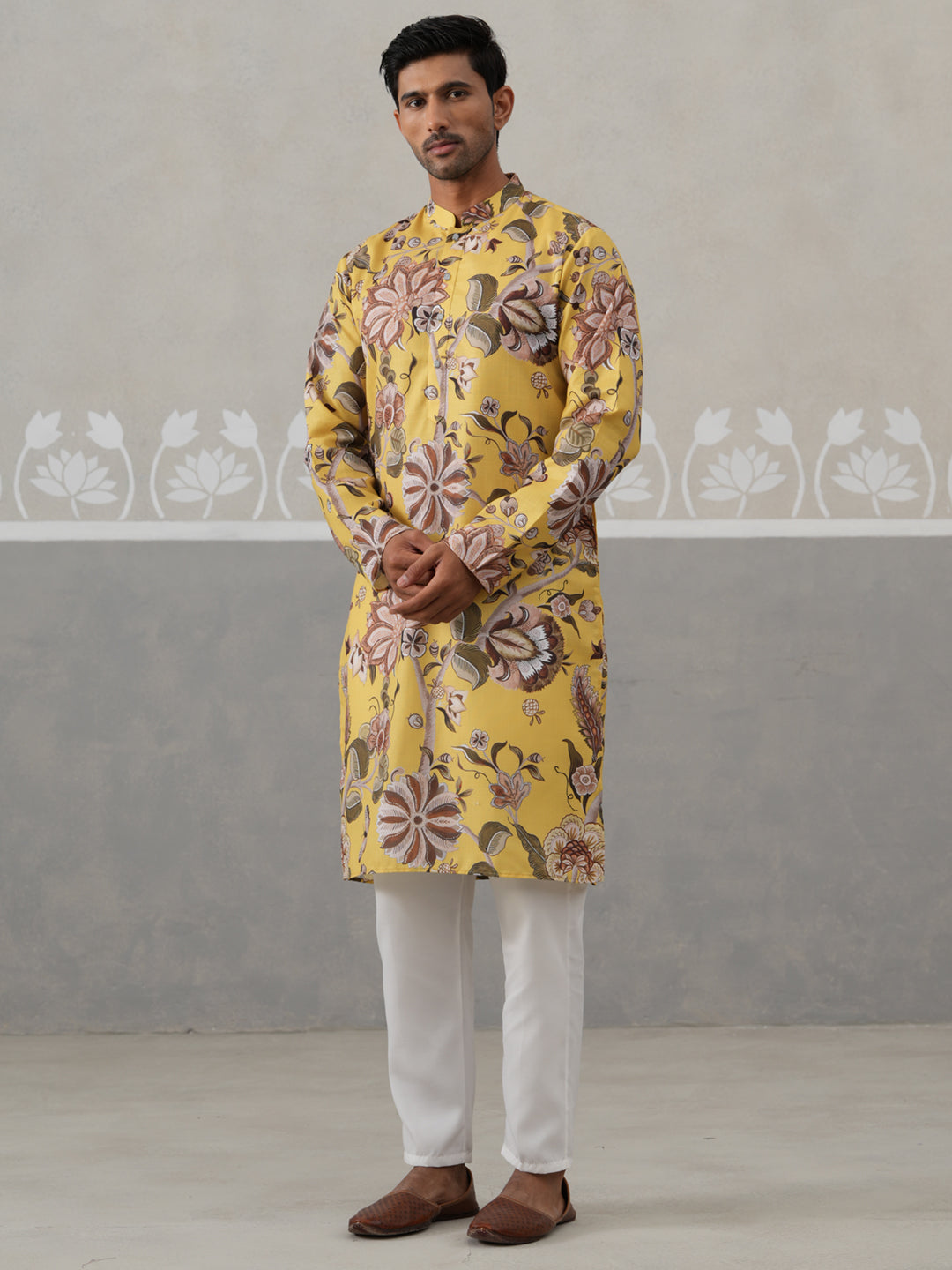 Men's Floral Printed Cotton Straight Kurta Pyjama Set (JOKP P 5307 Yellow ) [FF] [J-1]