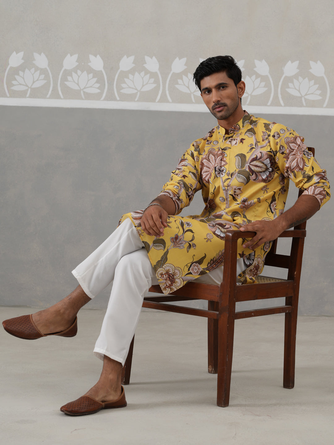 Men's Floral Printed Cotton Straight Kurta Pyjama Set (JOKP P 5307 Yellow ) [FF] [J-1]