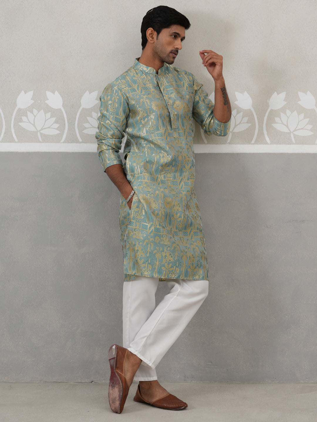 Designer Silk Blend Kurta Pyjama for Men ( JOKP P 5309 P 5309Sea-Green ) [FF] [A-1-4]