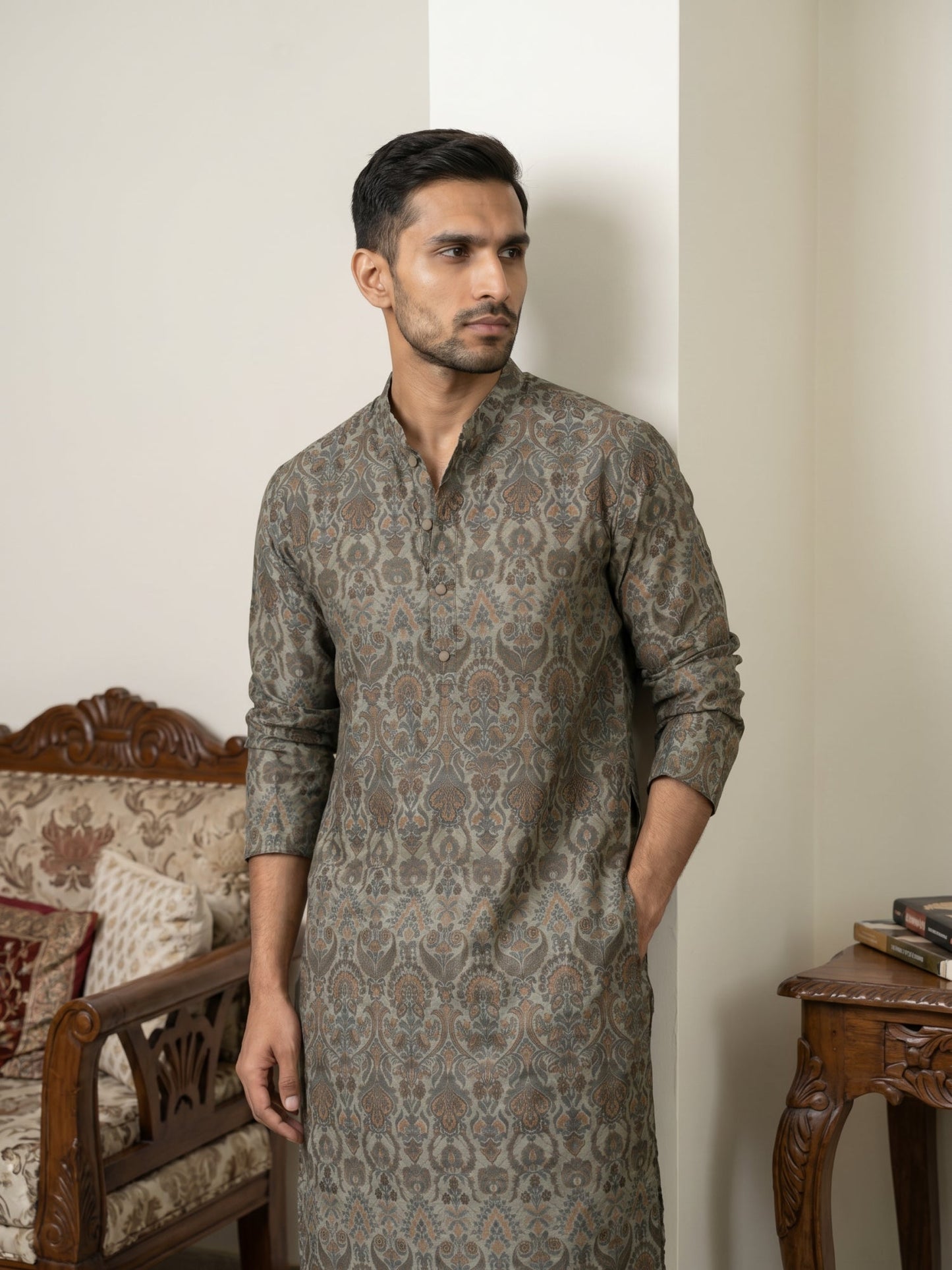 Silk Blend Designer Kurta with Korean Pants