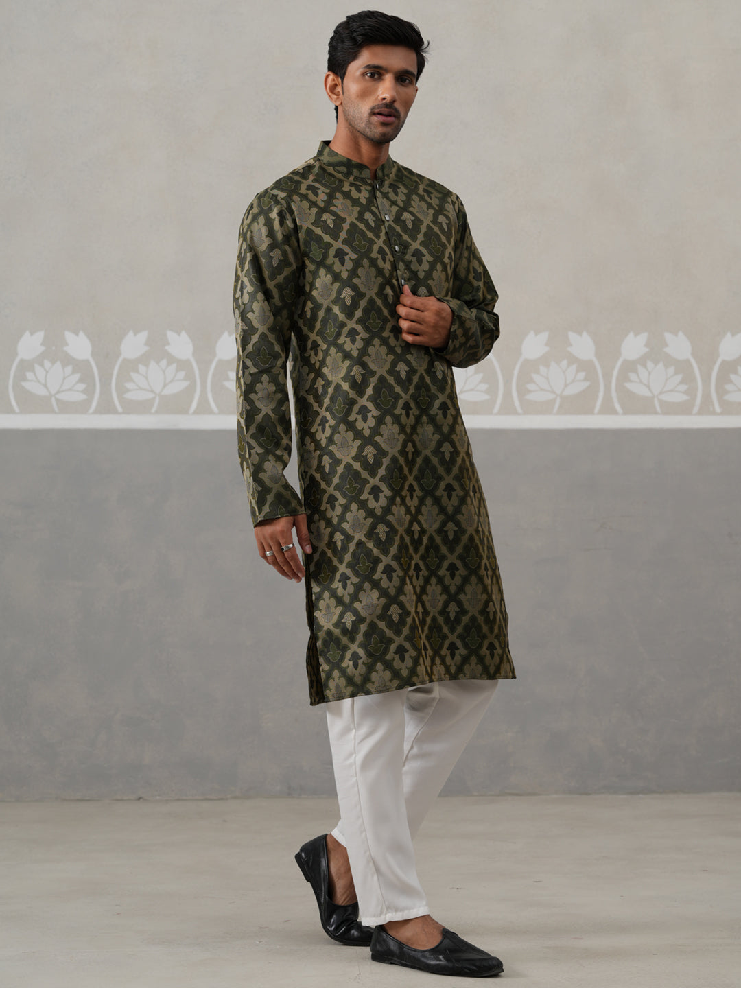 Silk Blend Woven Design Kurta Pyjama Set ( JOKP P 5312 P 5312Olive ) [FF] [A-1-4]