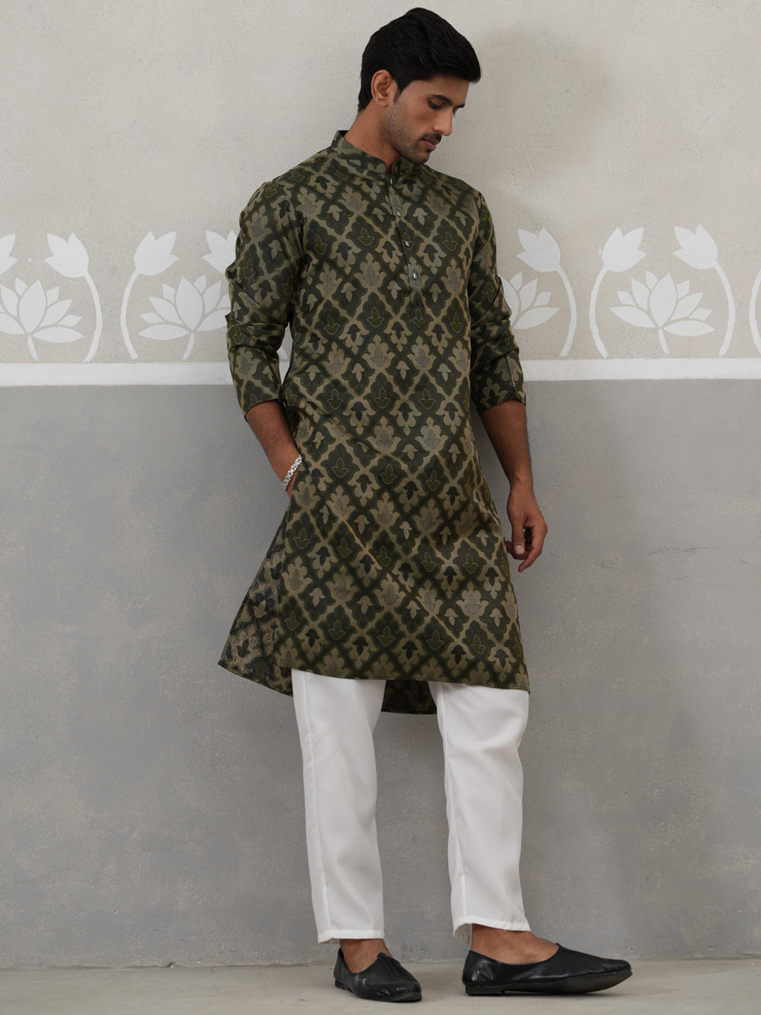 Silk Blend Woven Design Kurta Pyjama Set ( JOKP P 5312 P 5312Olive ) [FF] [A-1-4]