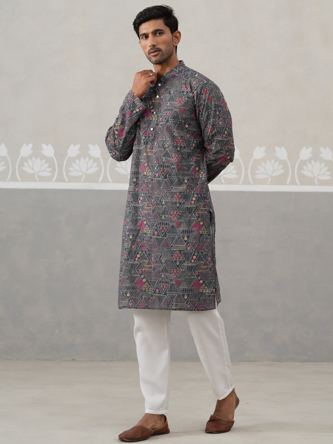 Printed and Emrbroidered Kurta Pyjama Set ( JOKP P 5314Grey ) [FF] [C-10]