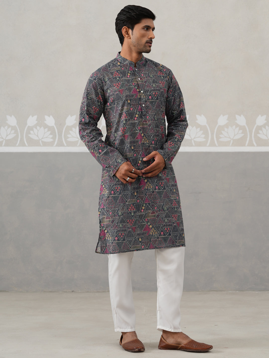 Printed and Emrbroidered Kurta Pyjama Set ( JOKP P 5314Grey ) [FF] [C-10]