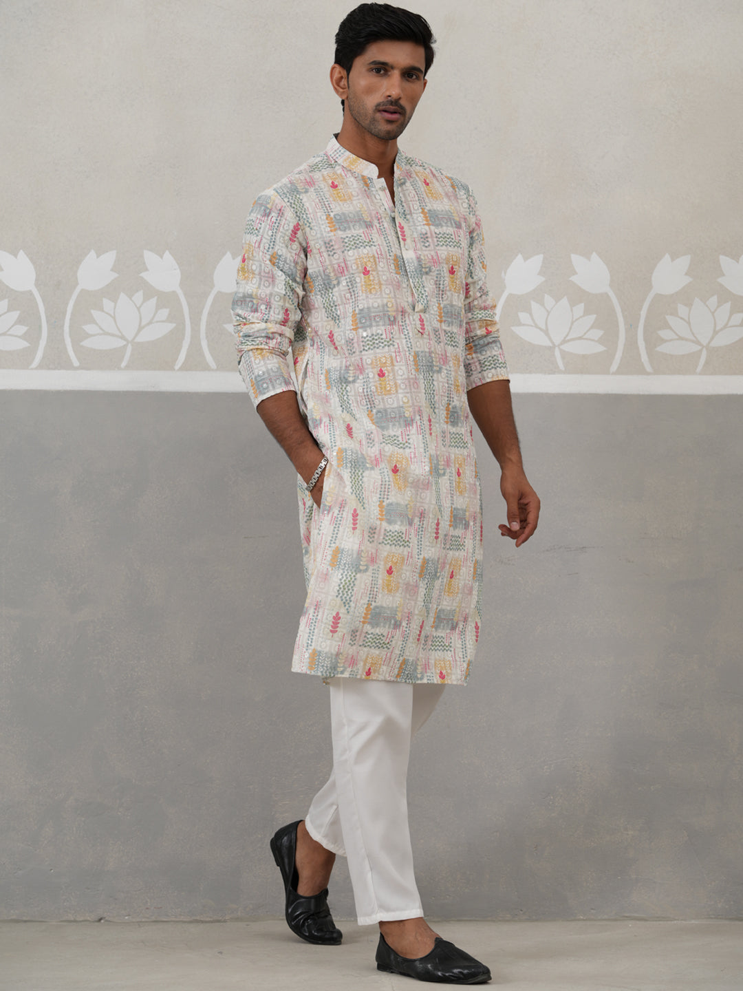 Printed and Emrbroidered Kurta Pyjama Set ( JOKP P 5314 P 5314Off-White ) [FF] [C-10]