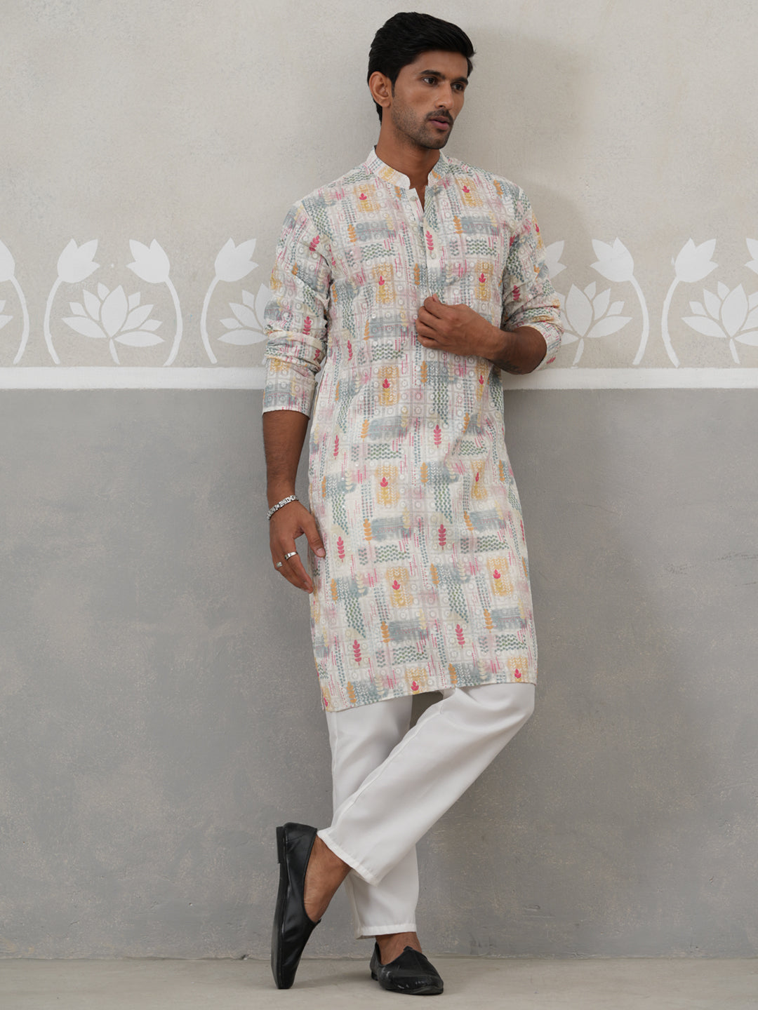 Printed and Emrbroidered Kurta Pyjama Set ( JOKP P 5314 P 5314Off-White ) [FF] [C-10]