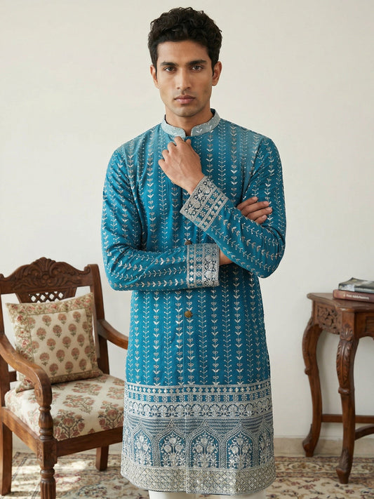 Designer Embroidery Silk Blend Kurta Pyjama for Men ( JOKP P 5317Peacock S ) [FF] [B-1-2]