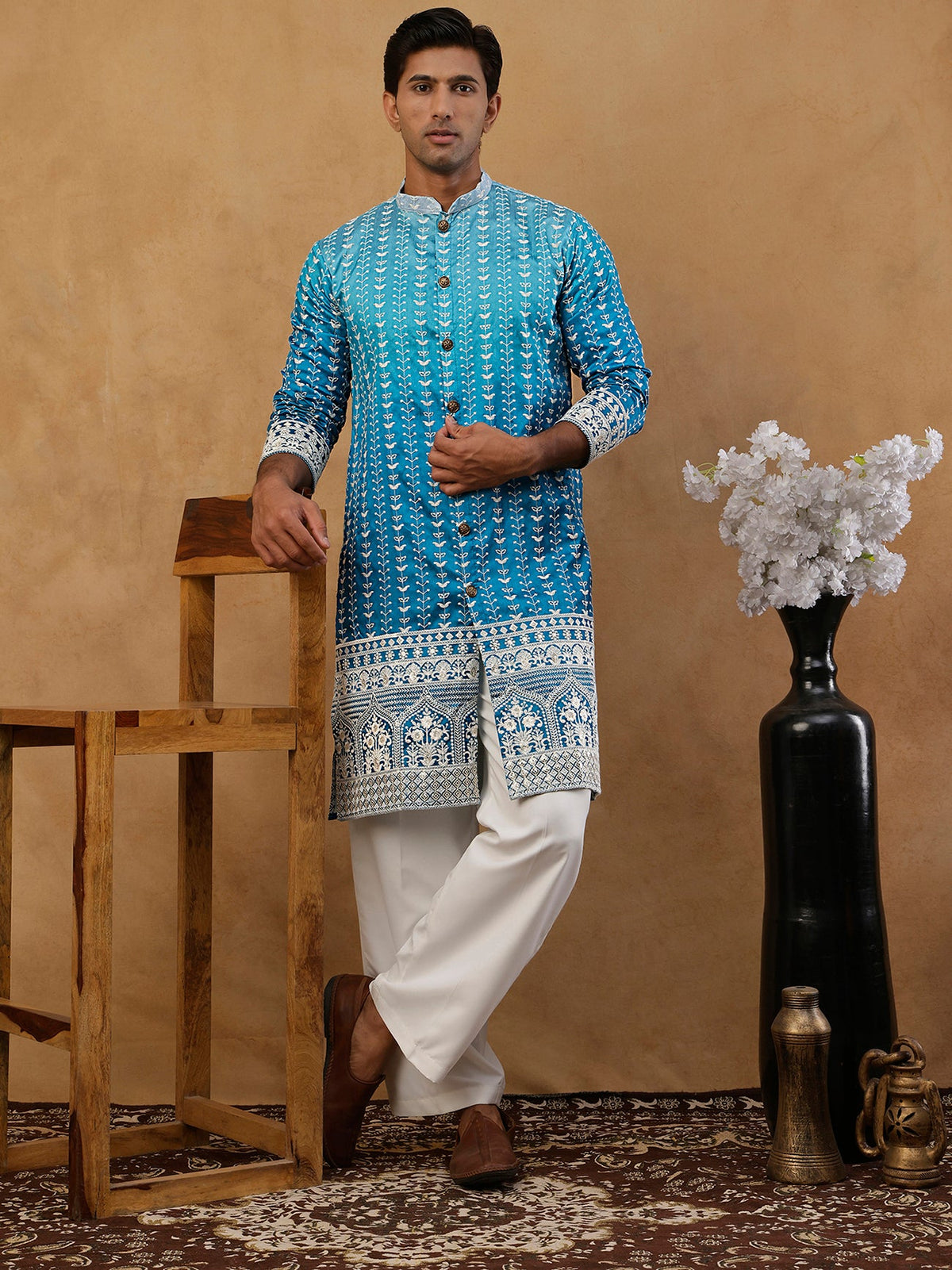 Designer Embroidery Silk Blend Kurta with korean Pants ( JOKP PJ11W E 5317 Peacock )