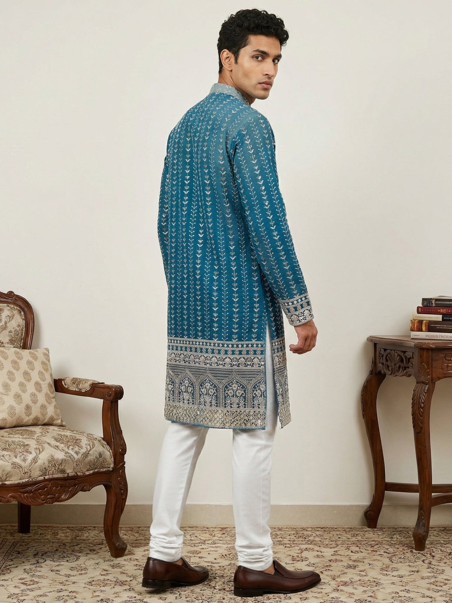 Designer Embroidery Silk Blend Kurta Pyjama for Men ( JOKP P 5317Peacock S ) [FF] [B-1-2]