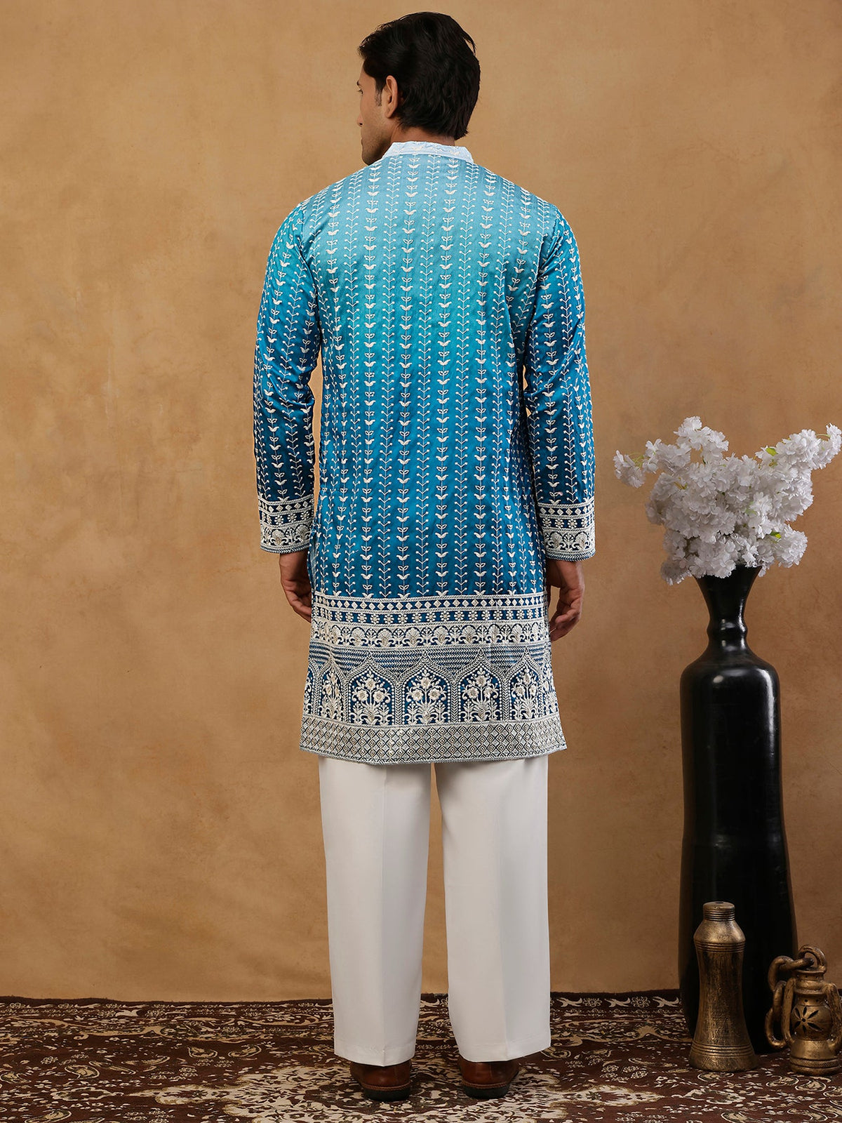 Designer Embroidery Silk Blend Kurta with korean Pants ( JOKP PJ11W E 5317 Peacock )
