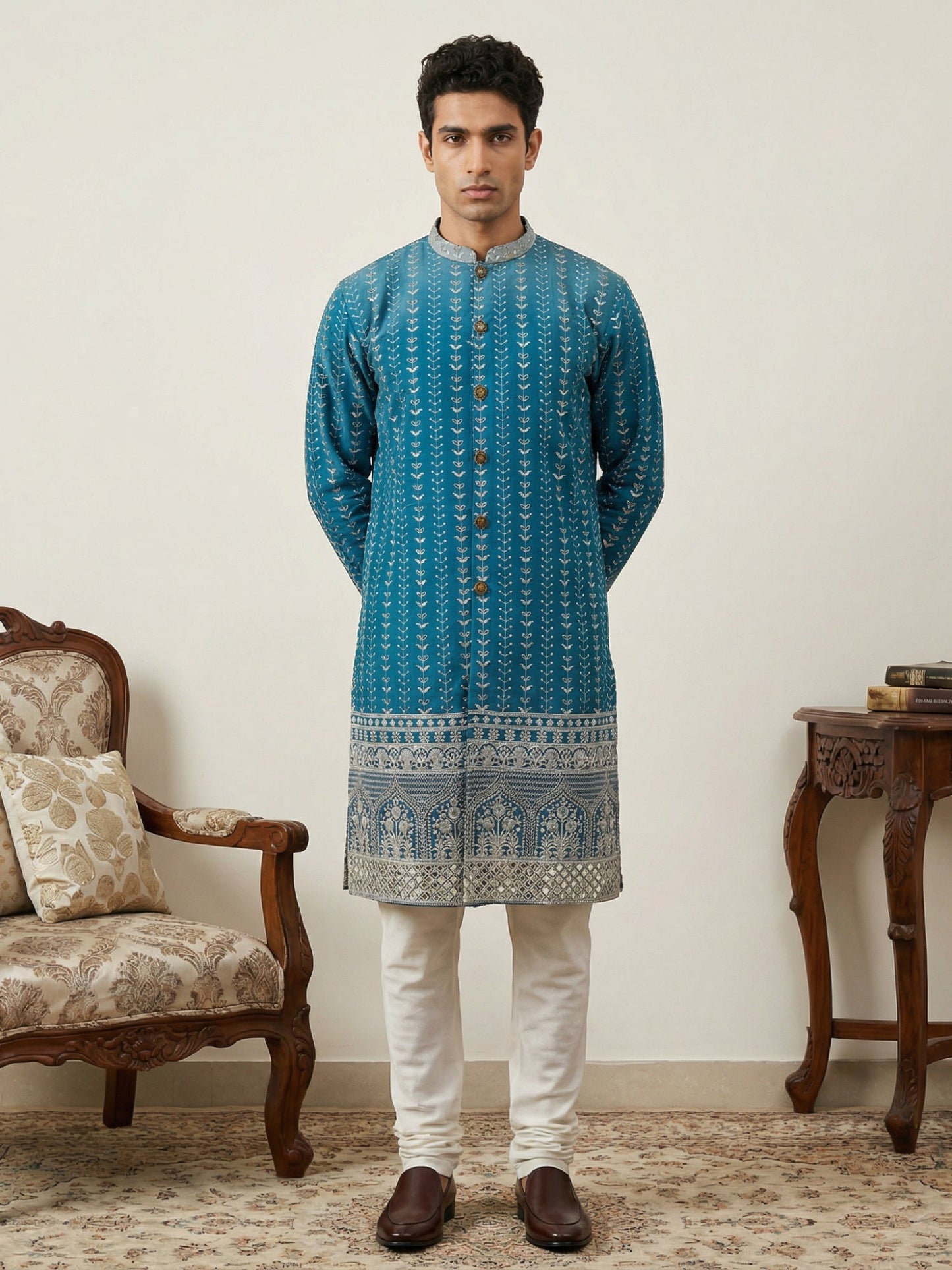 Designer Embroidery Silk Blend Kurta Pyjama for Men ( JOKP P 5317Peacock S ) [FF] [B-1-2]