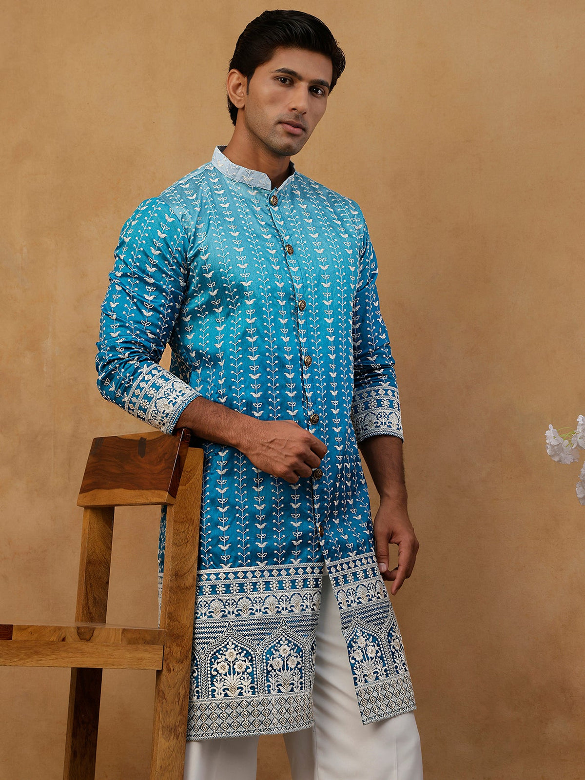 Designer Embroidery Silk Blend Kurta with korean Pants ( JOKP PJ11W E 5317 Peacock )