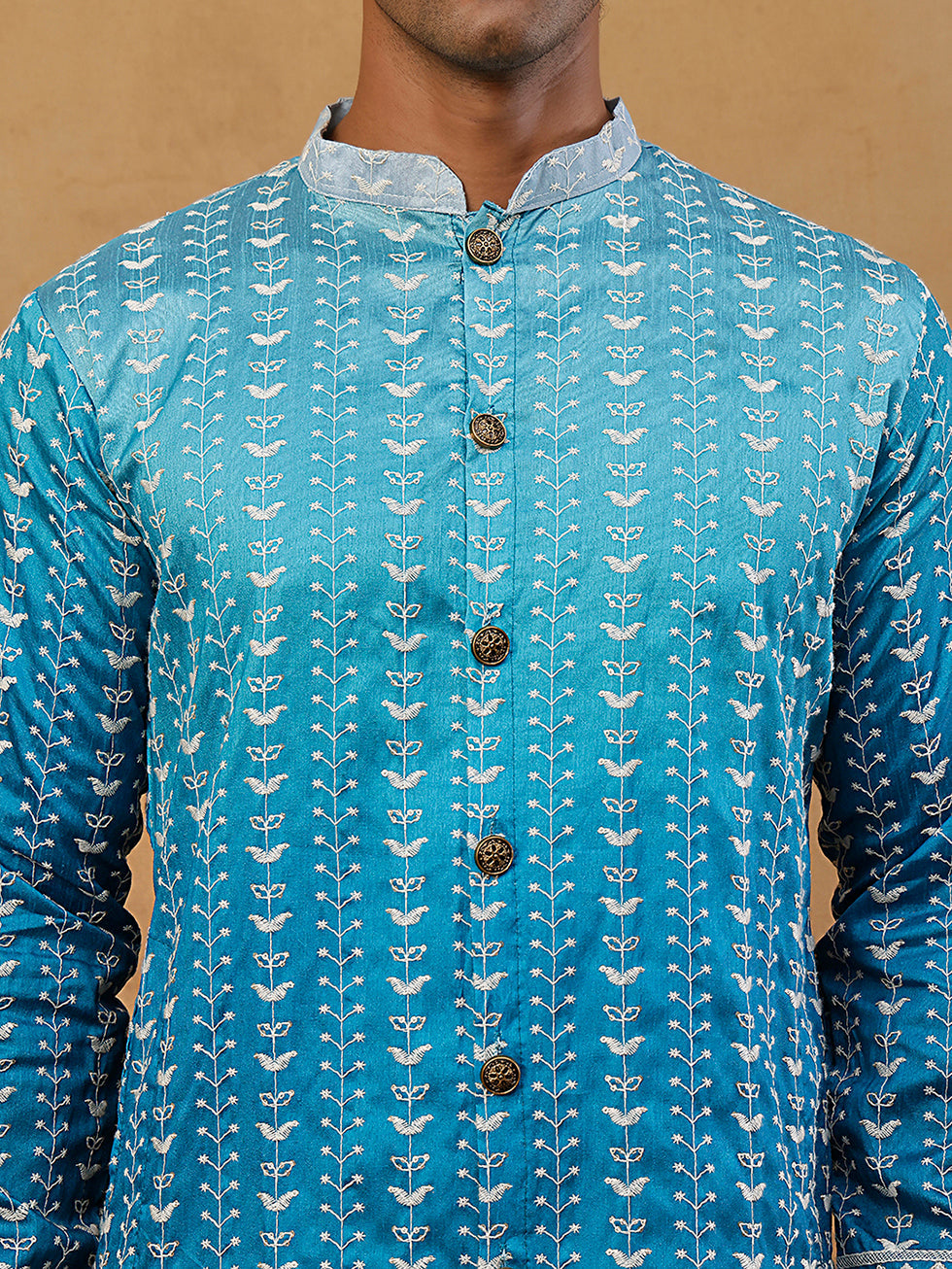 Designer Embroidery Silk Blend Kurta with korean Pants ( JOKP PJ11W E 5317 Peacock )