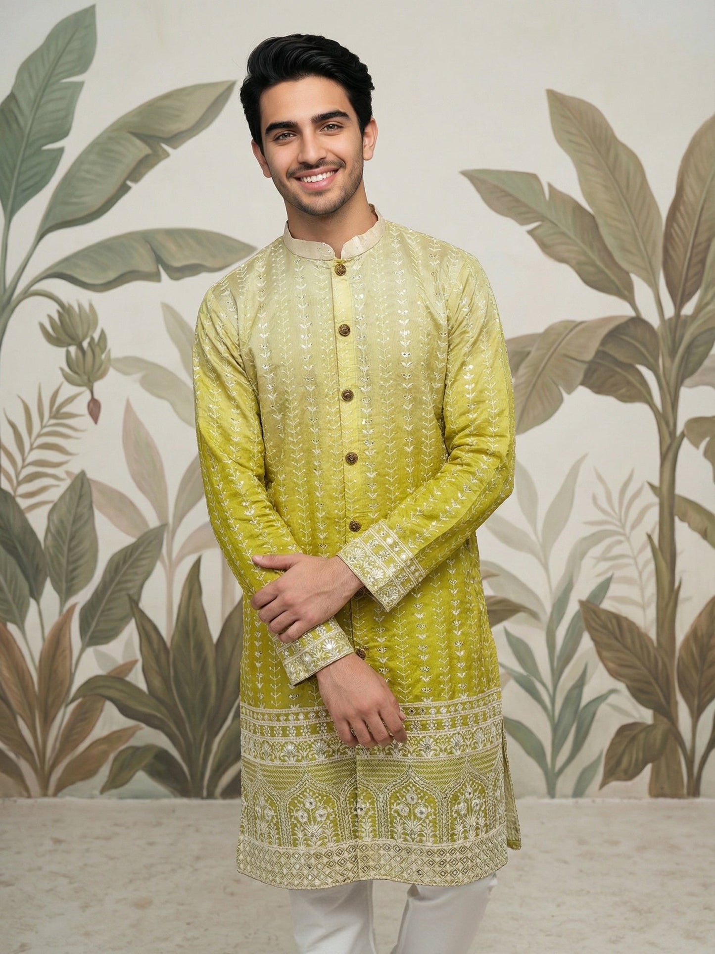 Designer Embroidery Silk Blend Kurta Pyjama for Men ( JOKP P 5317Pista S ) [FF] [B-1-2]