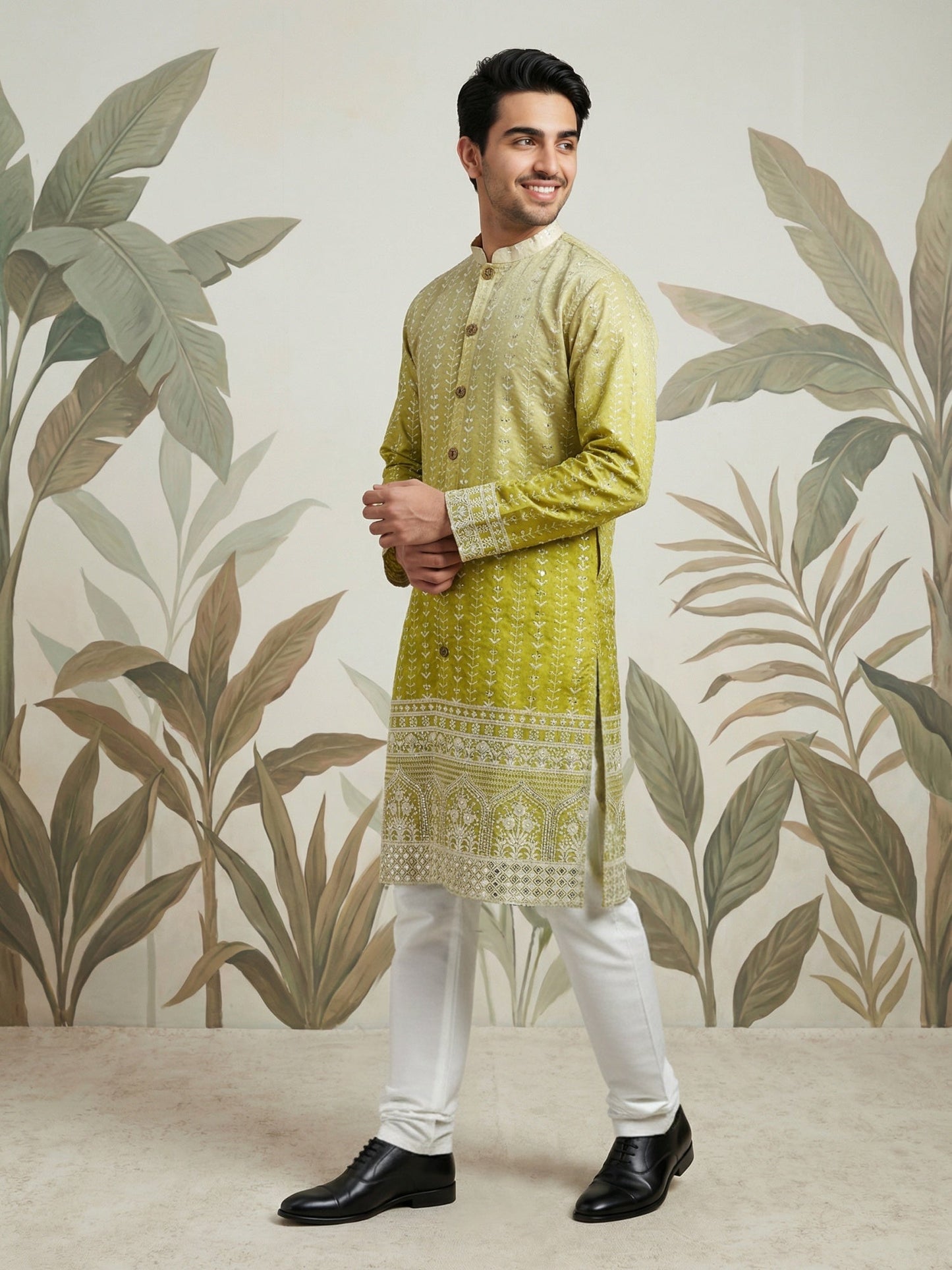 Designer Embroidery Silk Blend Kurta Pyjama for Men ( JOKP P 5317Pista S ) [FF] [B-1-2]