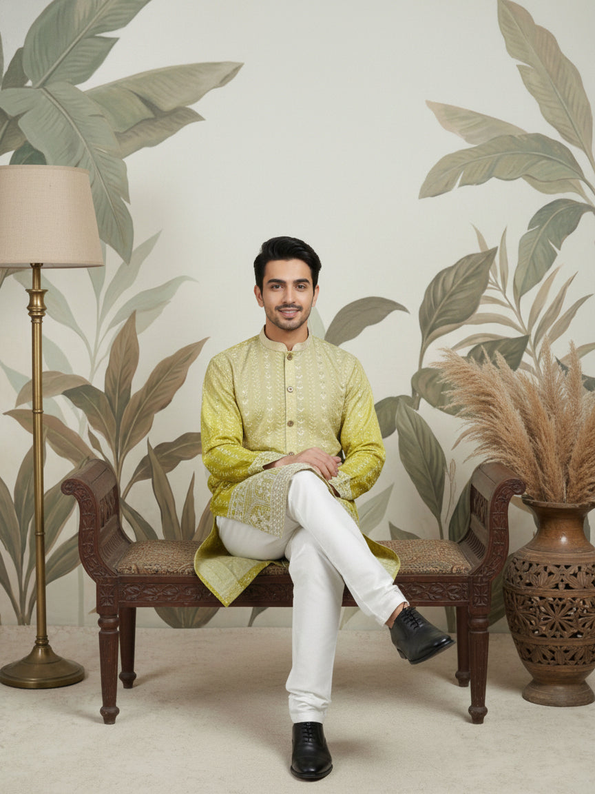 Designer Embroidery Silk Blend Kurta Pyjama for Men ( JOKP P 5317Pista S ) [FF] [B-1-2]