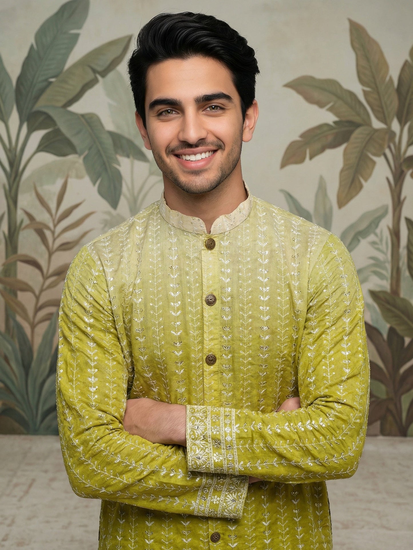 Designer Embroidery Silk Blend Kurta Pyjama for Men ( JOKP P 5317Pista S ) [FF] [B-1-2]