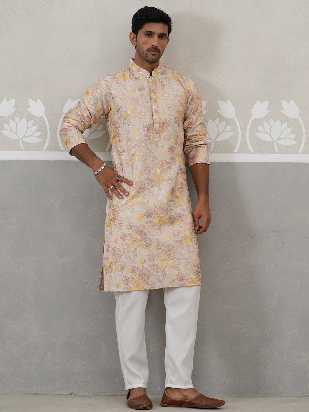 Floral Embroidered and Sequins Kurta Set ( JOKP P 5323 P 5323Cream ) [FF] [B-1-2]