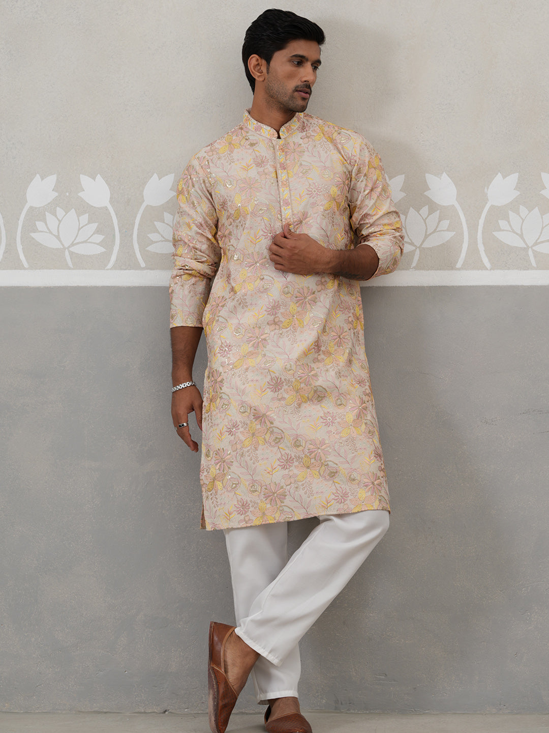 Floral Embroidered and Sequins Kurta Set ( JOKP P 5323 P 5323Cream ) [FF] [B-1-2]