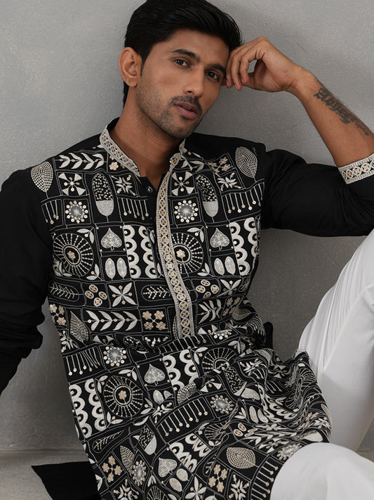 Silk Blend Embroidered Kurta Pyjama Set (JOKP P 5325 Black ) [FF] [B-10]