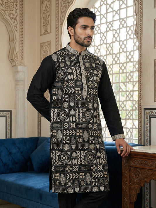 Silk Blend Embroidered Kurta Pyjama Set ( JOKP B-P 5325Black )