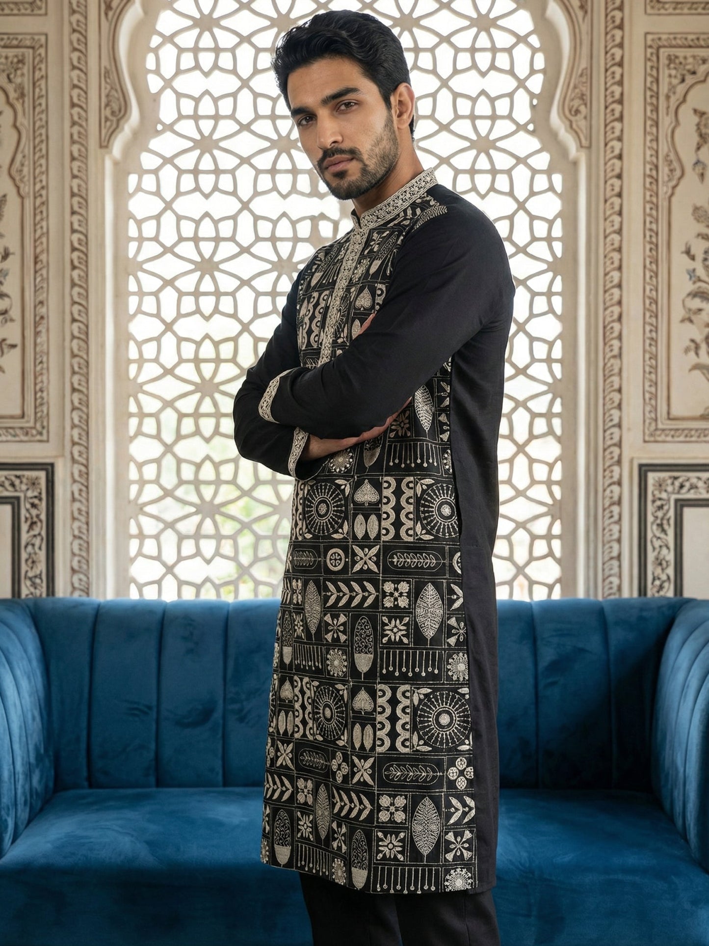 Silk Blend Embroidered Kurta Pyjama Set ( JOKP B-P 5325Black )